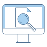 Line drawing icon of magnifying glass over computer screen