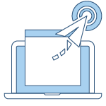 Line drawing icon of paper airplane flying from the computer to a target