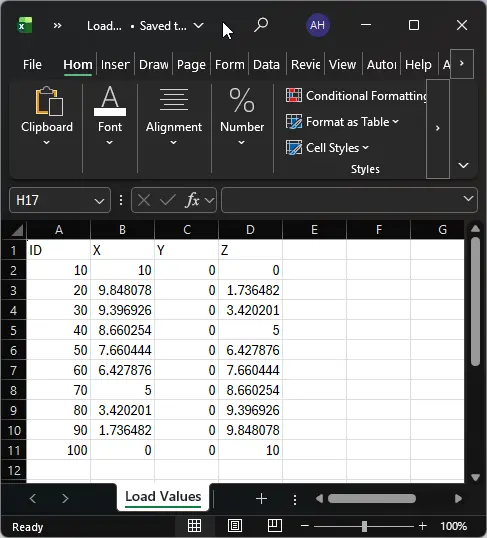 Femap API Load Values Excel